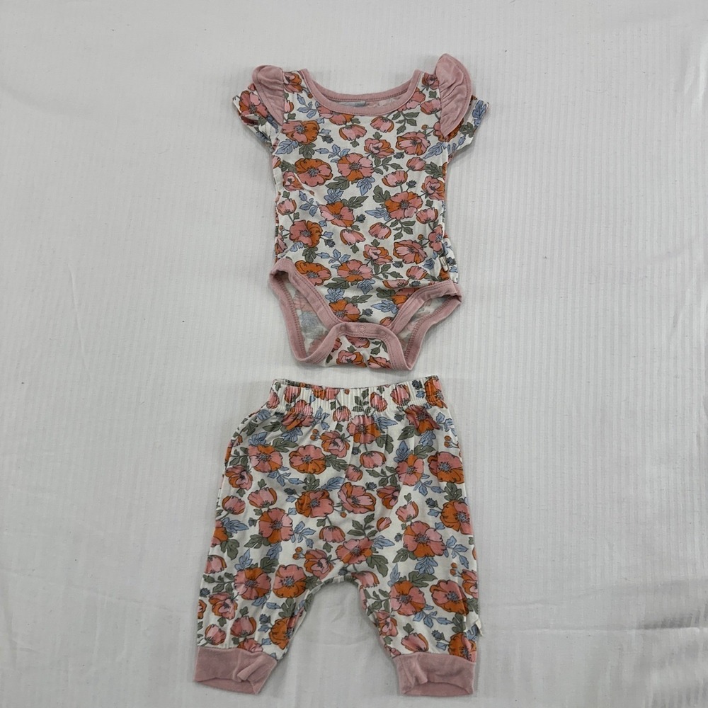 Milkberry Bamboo Floral Ruffle Bodysuit and Joggers Set Baby Girl 0-3M Pink Core